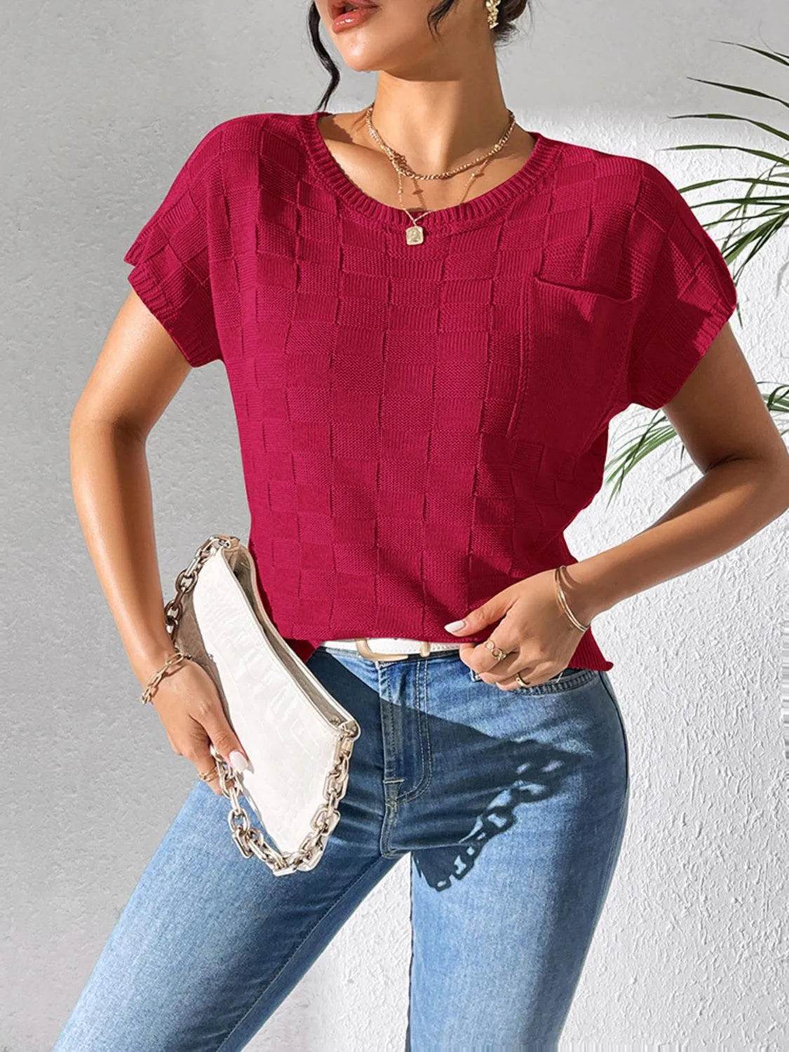 Round Neck Short Sleeve Knit Top - Bona Fide Fashion