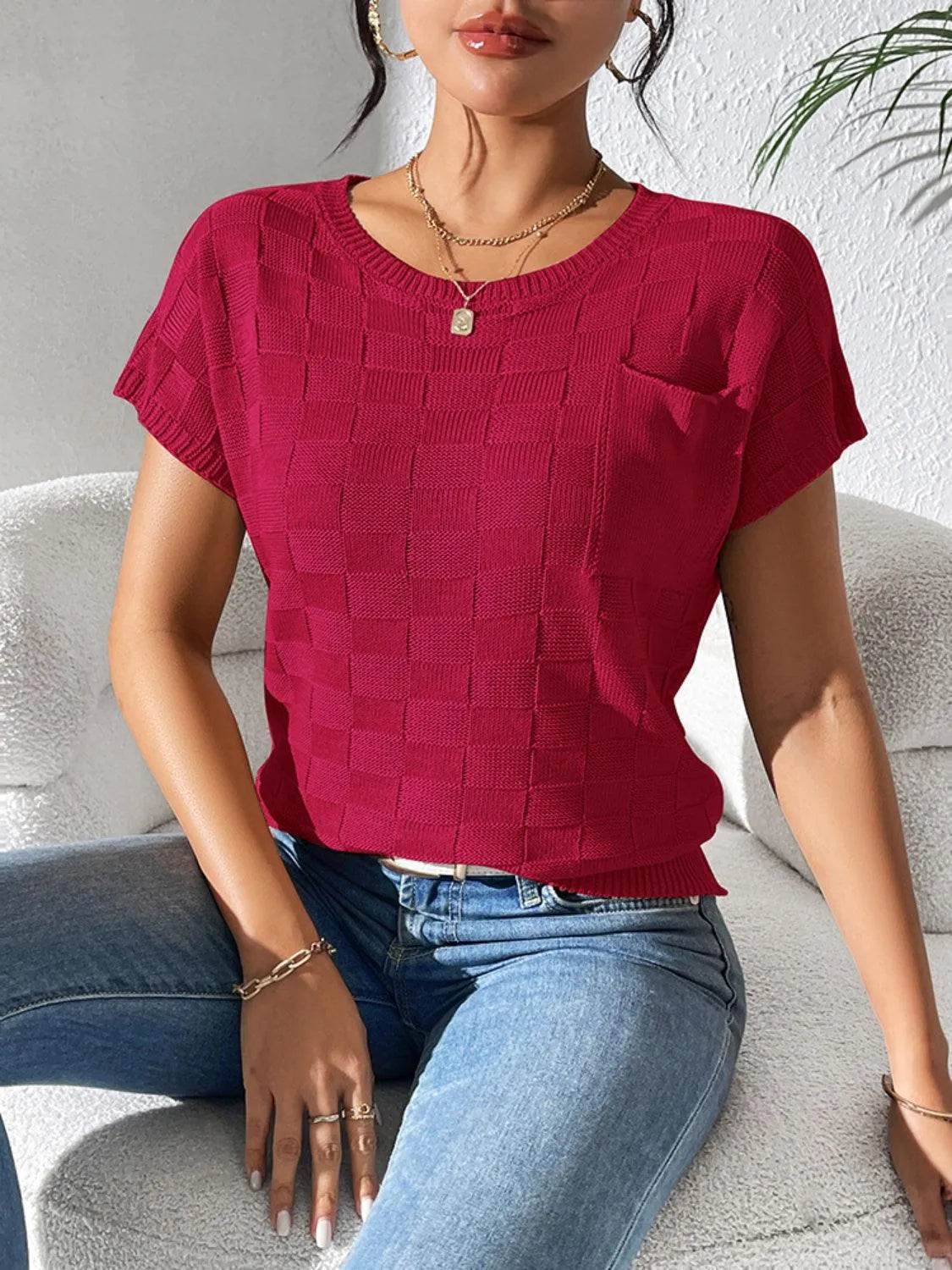 Round Neck Short Sleeve Knit Top - Bona Fide Fashion