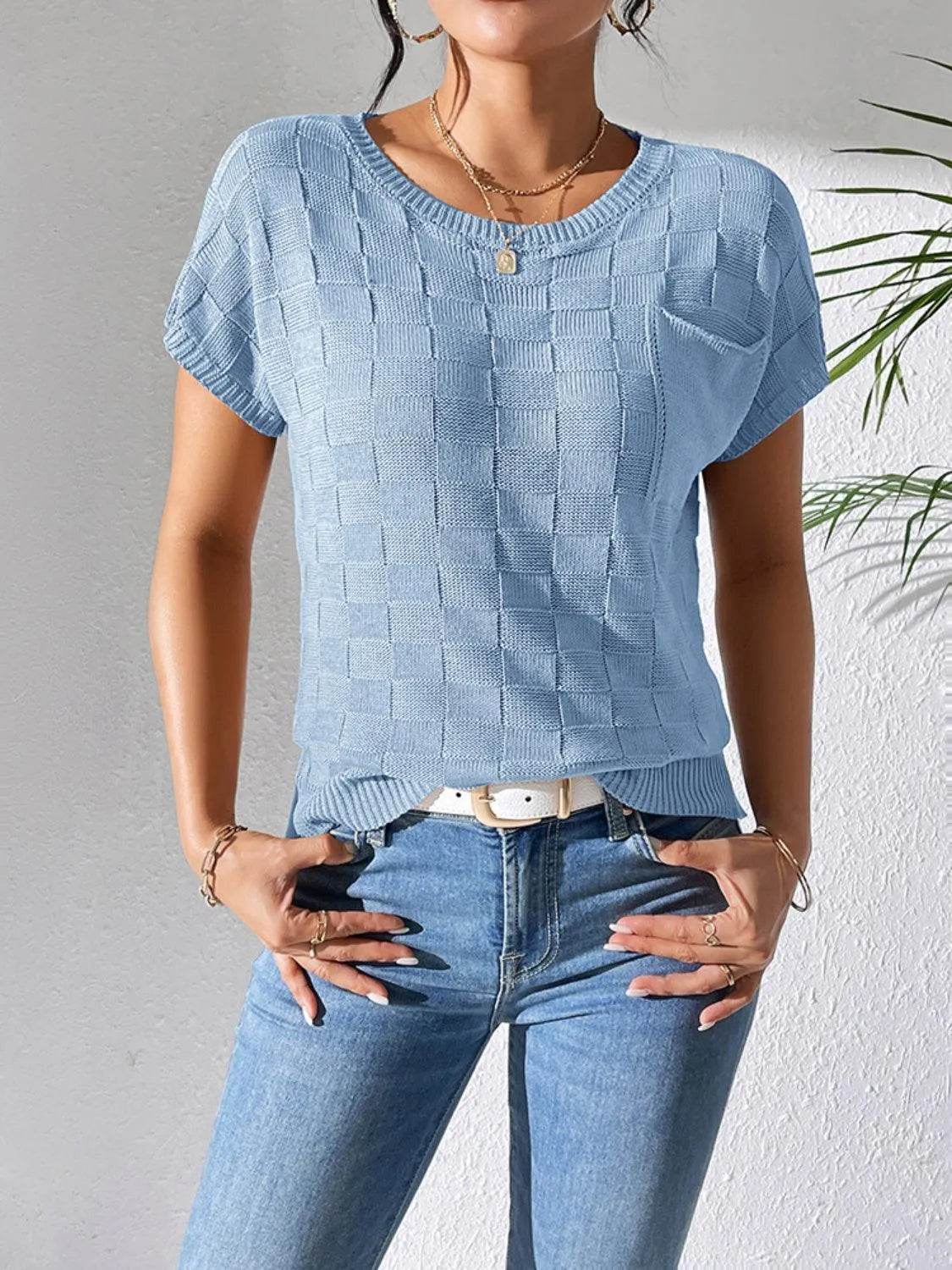 Round Neck Short Sleeve Knit Top - Bona Fide Fashion