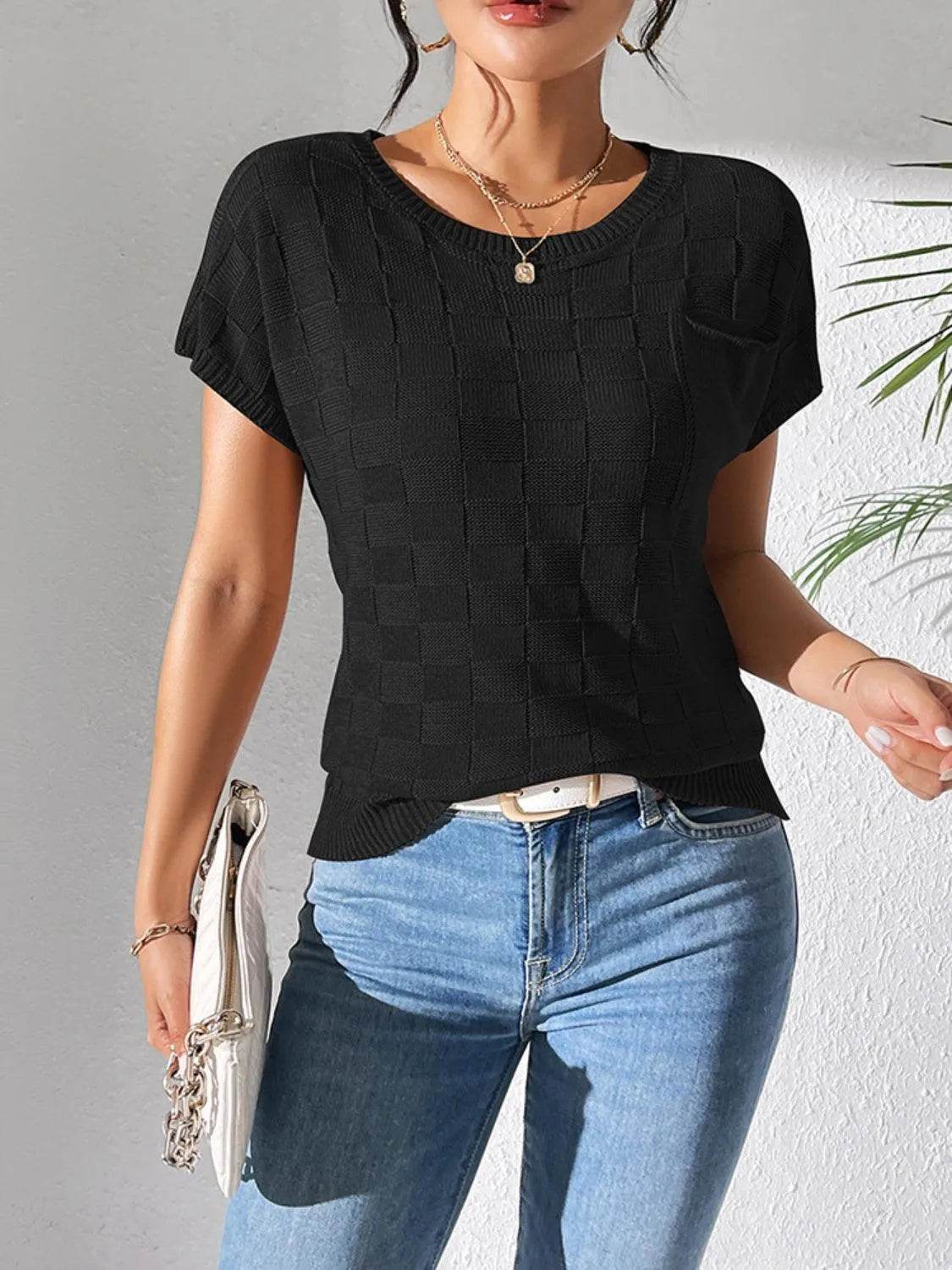 Round Neck Short Sleeve Knit Top - Bona Fide Fashion