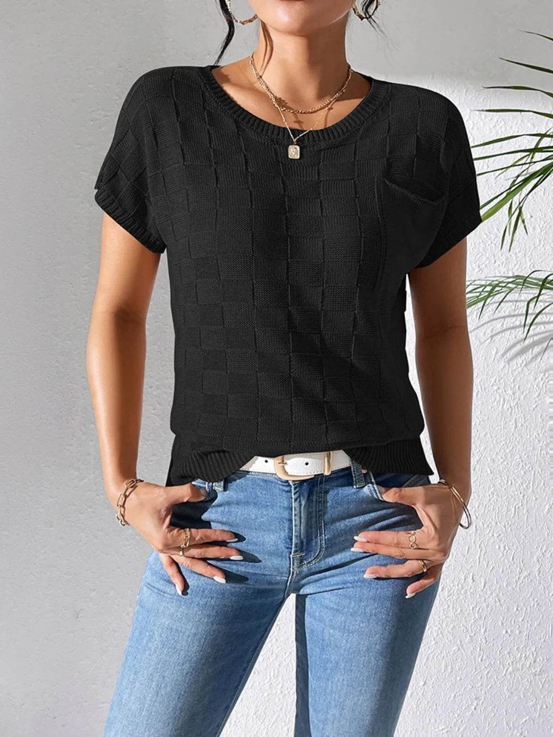 Round Neck Short Sleeve Knit Top - Bona Fide Fashion