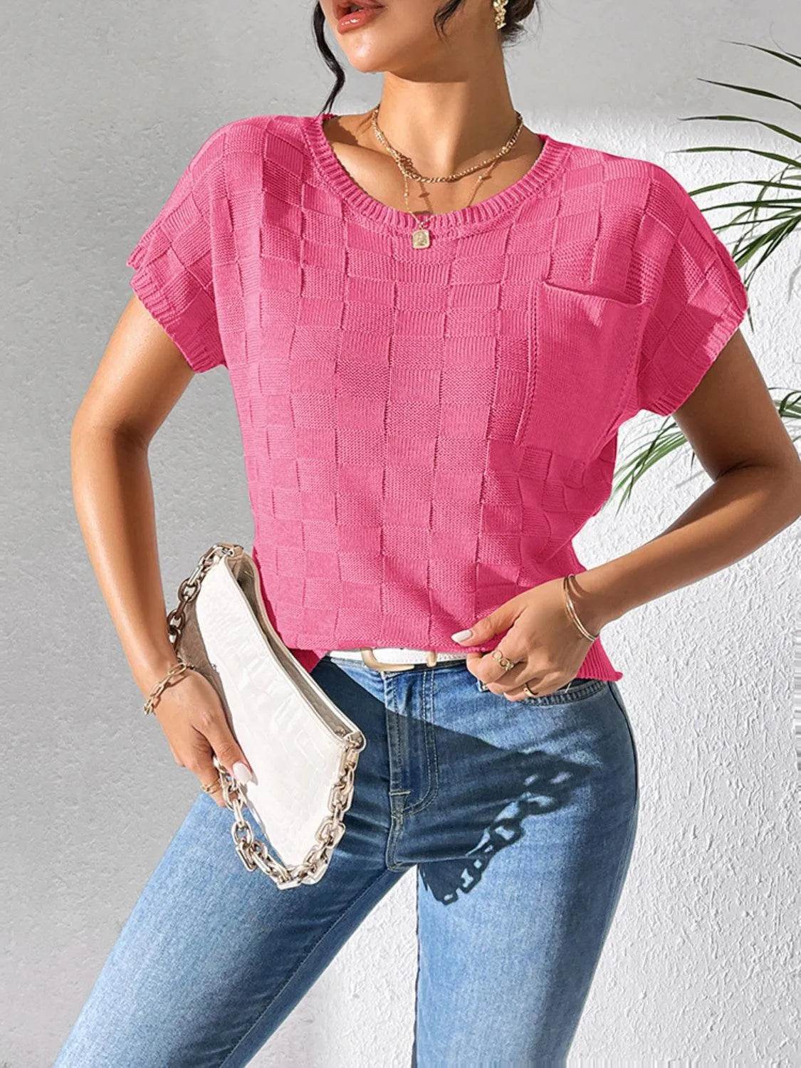 Round Neck Short Sleeve Knit Top - Bona Fide Fashion
