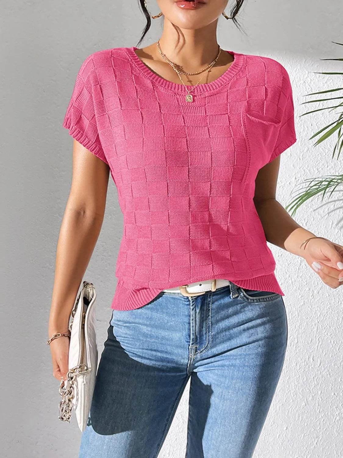 Round Neck Short Sleeve Knit Top - Bona Fide Fashion