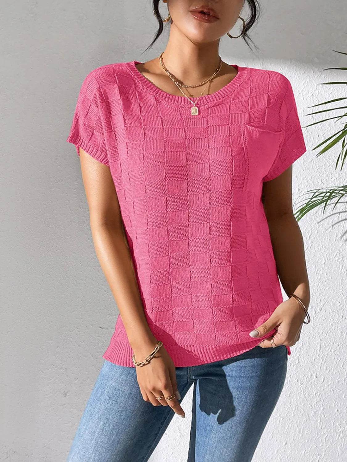 Round Neck Short Sleeve Knit Top - Bona Fide Fashion