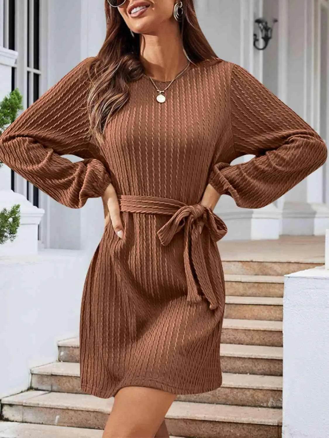 Round Neck Tie Front Long Sleeve Dress - Bona Fide Fashion