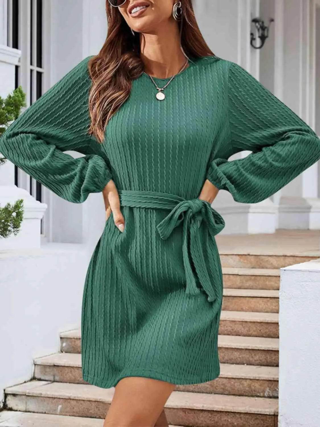Round Neck Tie Front Long Sleeve Dress - Bona Fide Fashion