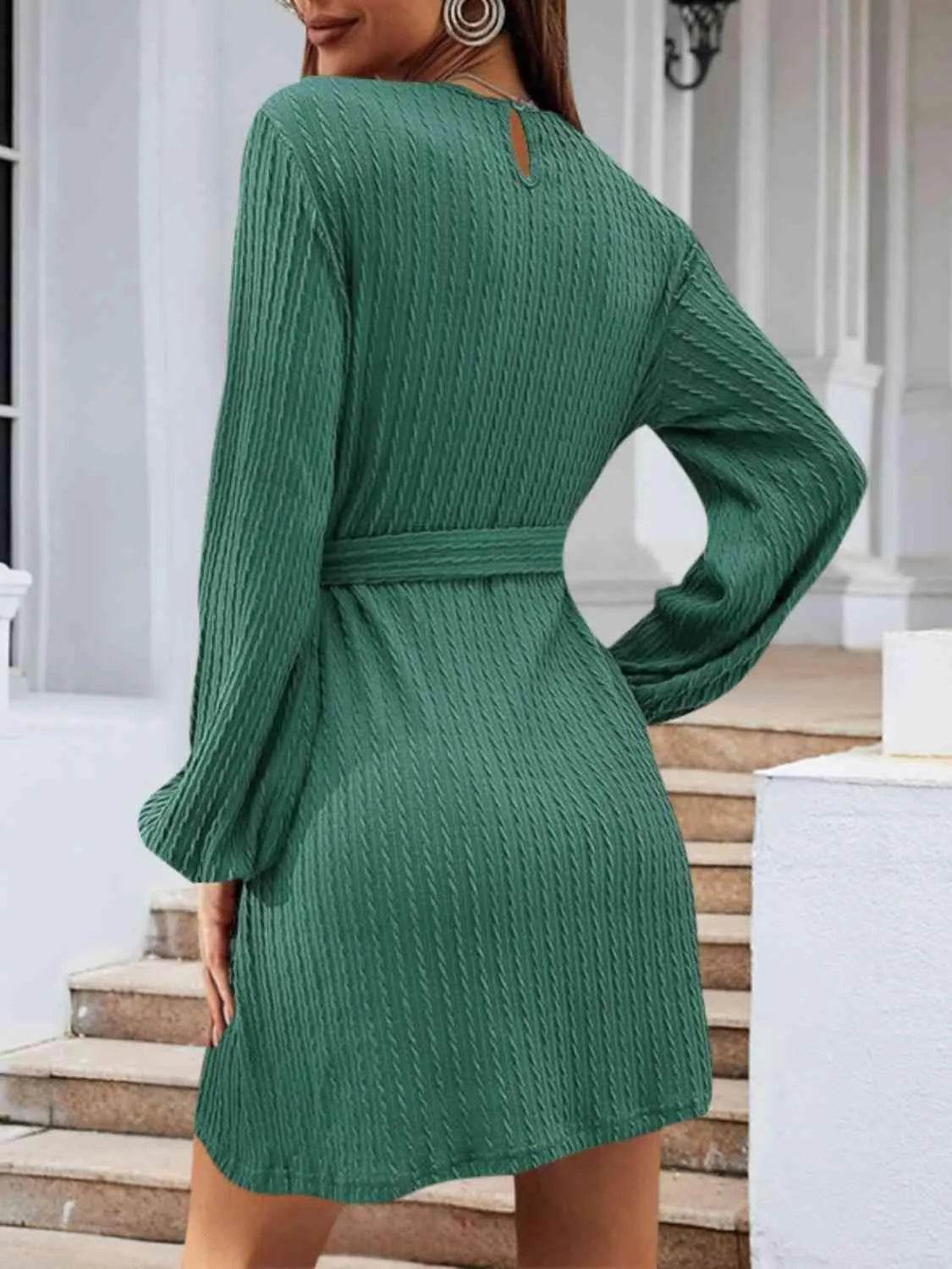 Round Neck Tie Front Long Sleeve Dress - Bona Fide Fashion
