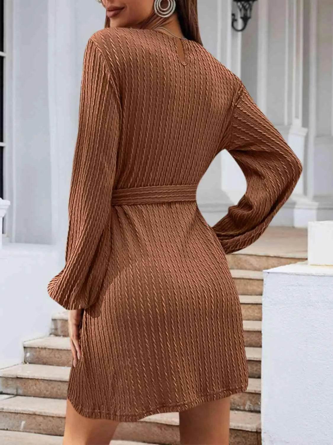 Round Neck Tie Front Long Sleeve Dress - Bona Fide Fashion