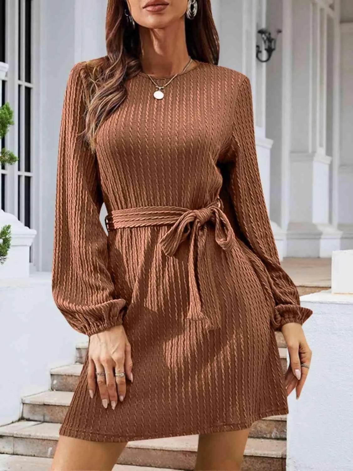 Round Neck Tie Front Long Sleeve Dress - Bona Fide Fashion