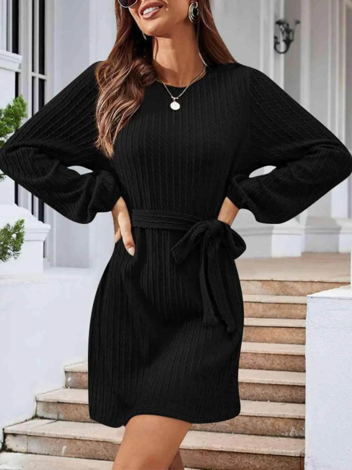 Round Neck Tie Front Long Sleeve Dress - Bona Fide Fashion
