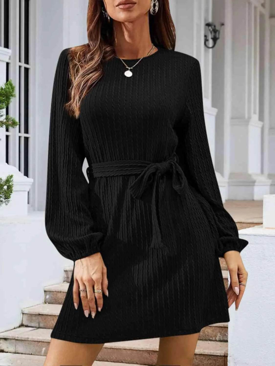 Round Neck Tie Front Long Sleeve Dress - Bona Fide Fashion