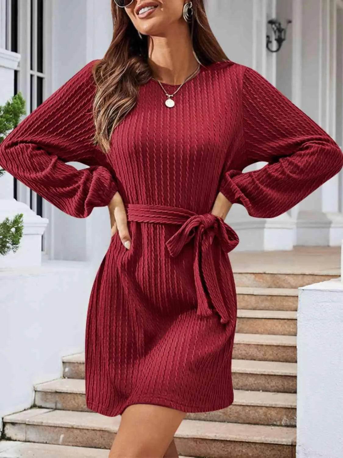 Round Neck Tie Front Long Sleeve Dress - Bona Fide Fashion