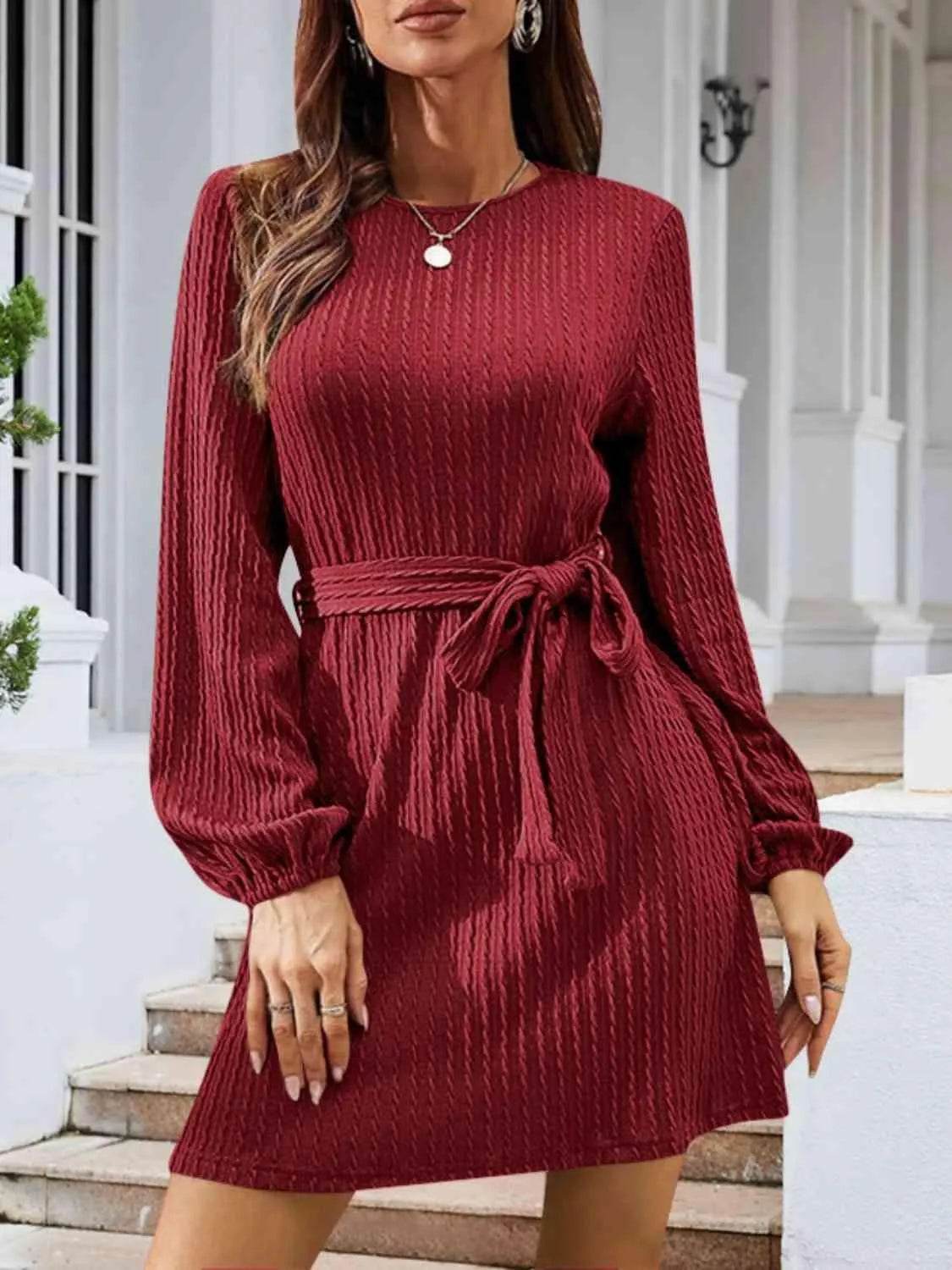 Round Neck Tie Front Long Sleeve Dress - Bona Fide Fashion