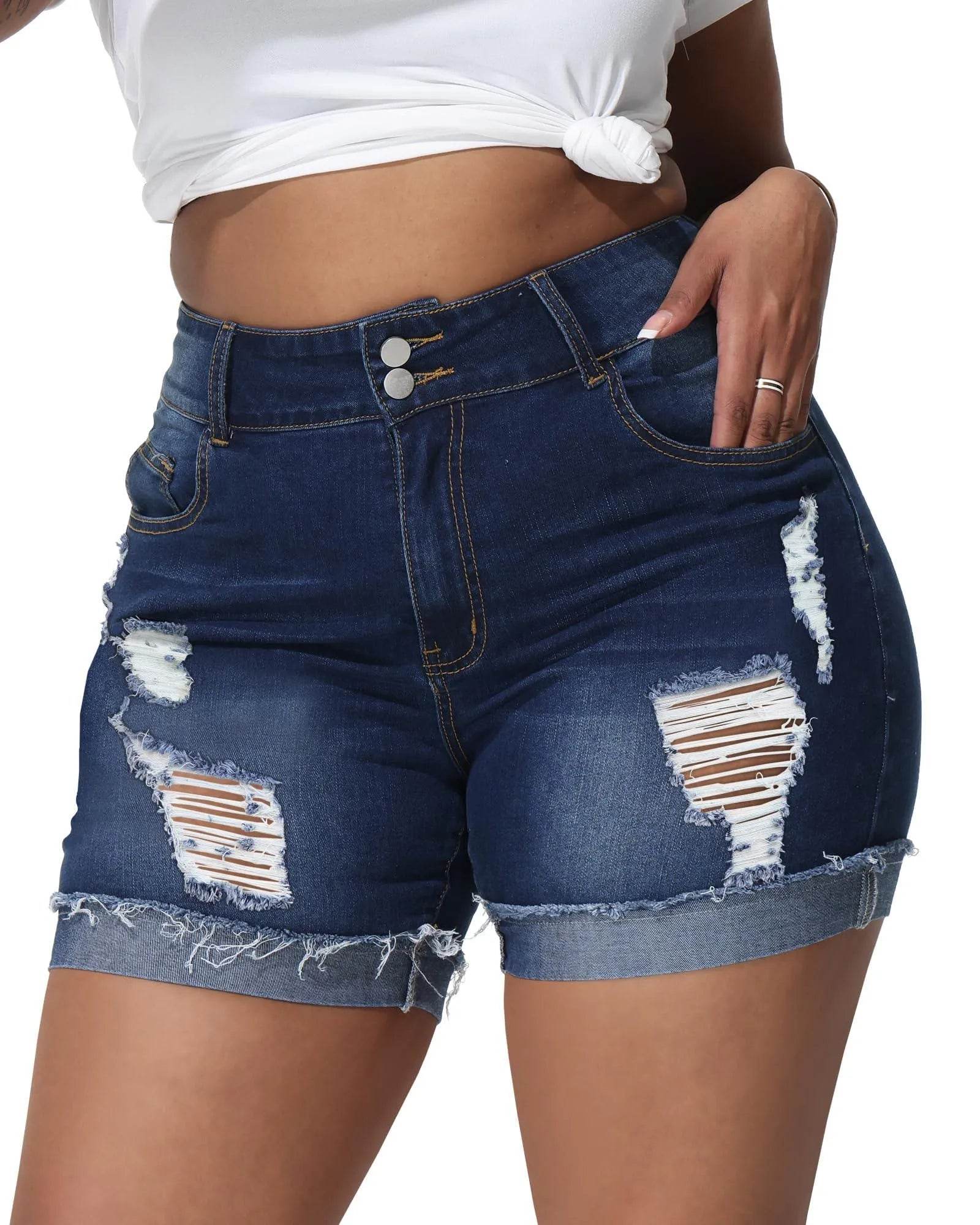 Rubugil Plus Size Denim Shorts Women High Waisted Distressed Jean Shorts Casual Ripped Raw Fold Hem Short Jeans #3 Dark Blue 26W - Bona Fide Fashion