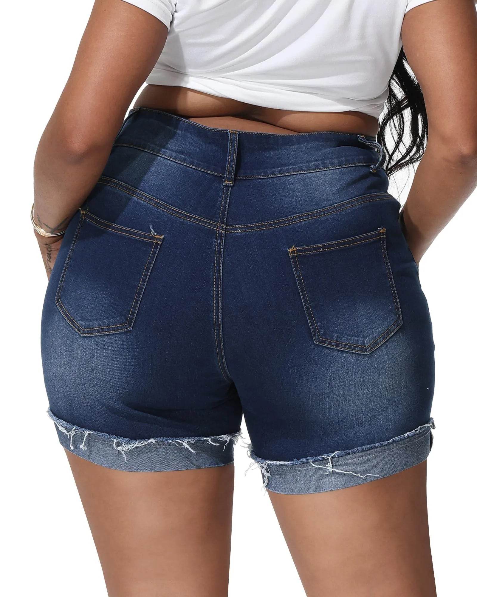 Rubugil Plus Size Denim Shorts Women High Waisted Distressed Jean Shorts Casual Ripped Raw Fold Hem Short Jeans #3 Dark Blue 26W - Bona Fide Fashion