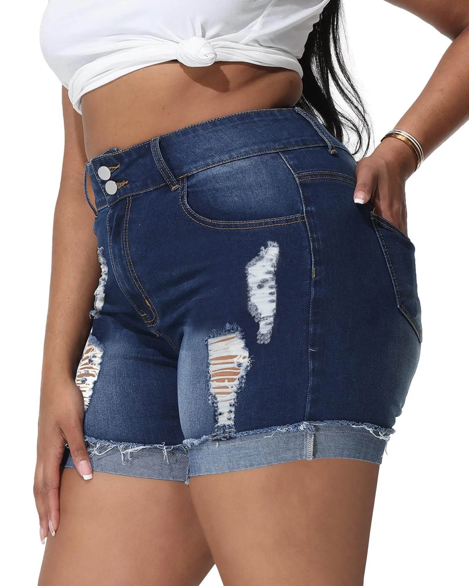 Rubugil Plus Size Denim Shorts Women High Waisted Distressed Jean Shorts Casual Ripped Raw Fold Hem Short Jeans #3 Dark Blue 26W - Bona Fide Fashion