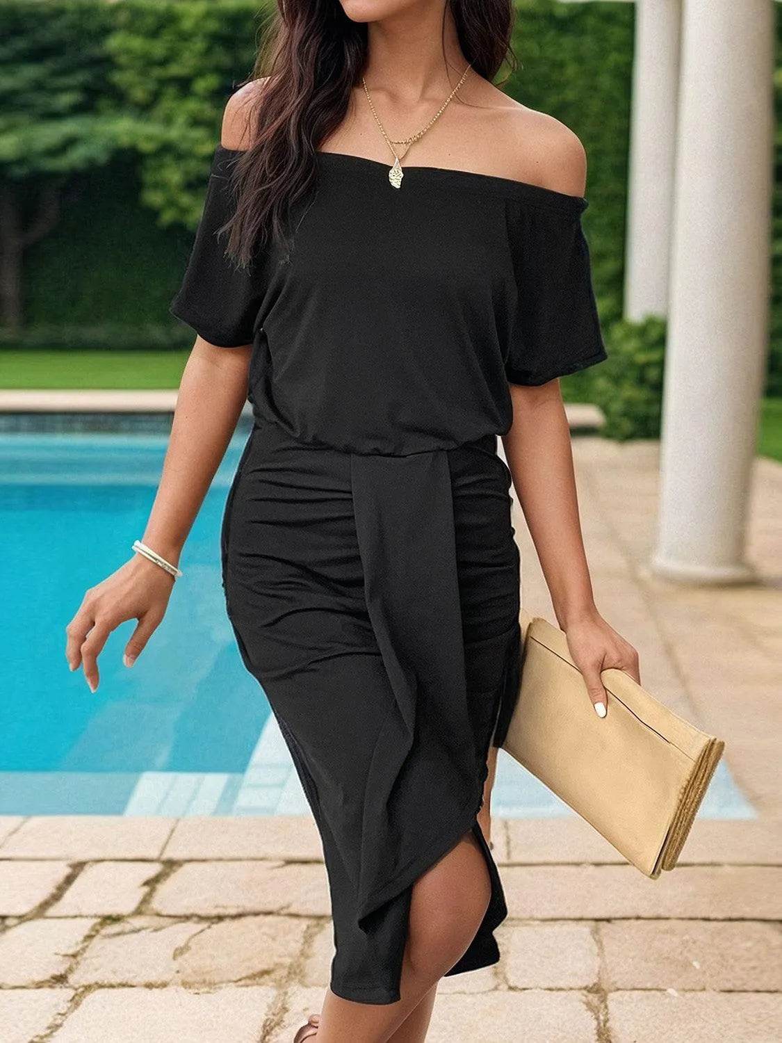 Ruched Off-Shoulder Dress - Bona Fide Fashion