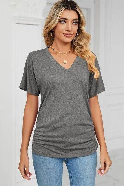 Bona Fide Fashion - Ruched V-Neck Short Sleeve T-Shirt - Women Fashion - Bona Fide Fashion