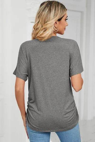 Bona Fide Fashion - Ruched V-Neck Short Sleeve T-Shirt - Women Fashion - Bona Fide Fashion