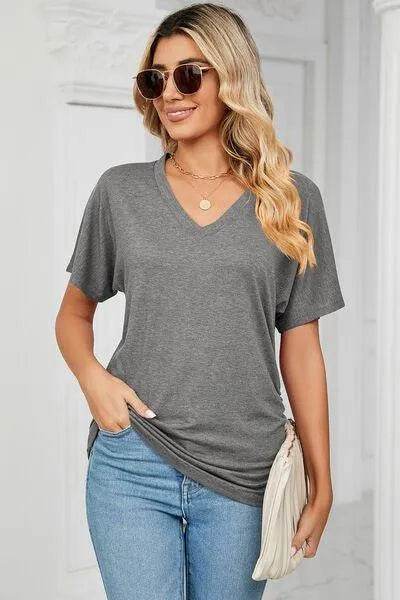 Bona Fide Fashion - Ruched V-Neck Short Sleeve T-Shirt - Women Fashion - Bona Fide Fashion