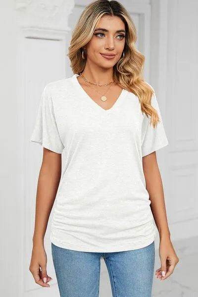 Bona Fide Fashion - Ruched V-Neck Short Sleeve T-Shirt - Women Fashion - Bona Fide Fashion