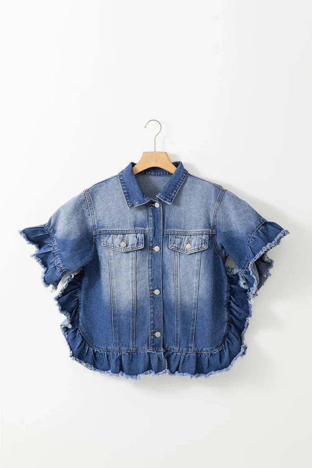 Ruffled Raw Hem Half Sleeve Denim Top - Bona Fide Fashion