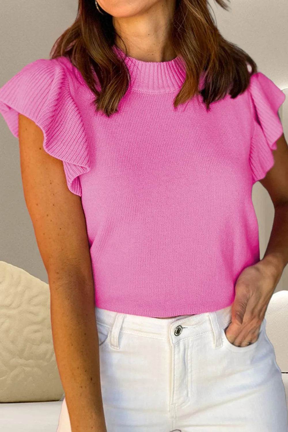 Ruffled Round Neck Cap Sleeve Sweater - Bona Fide Fashion