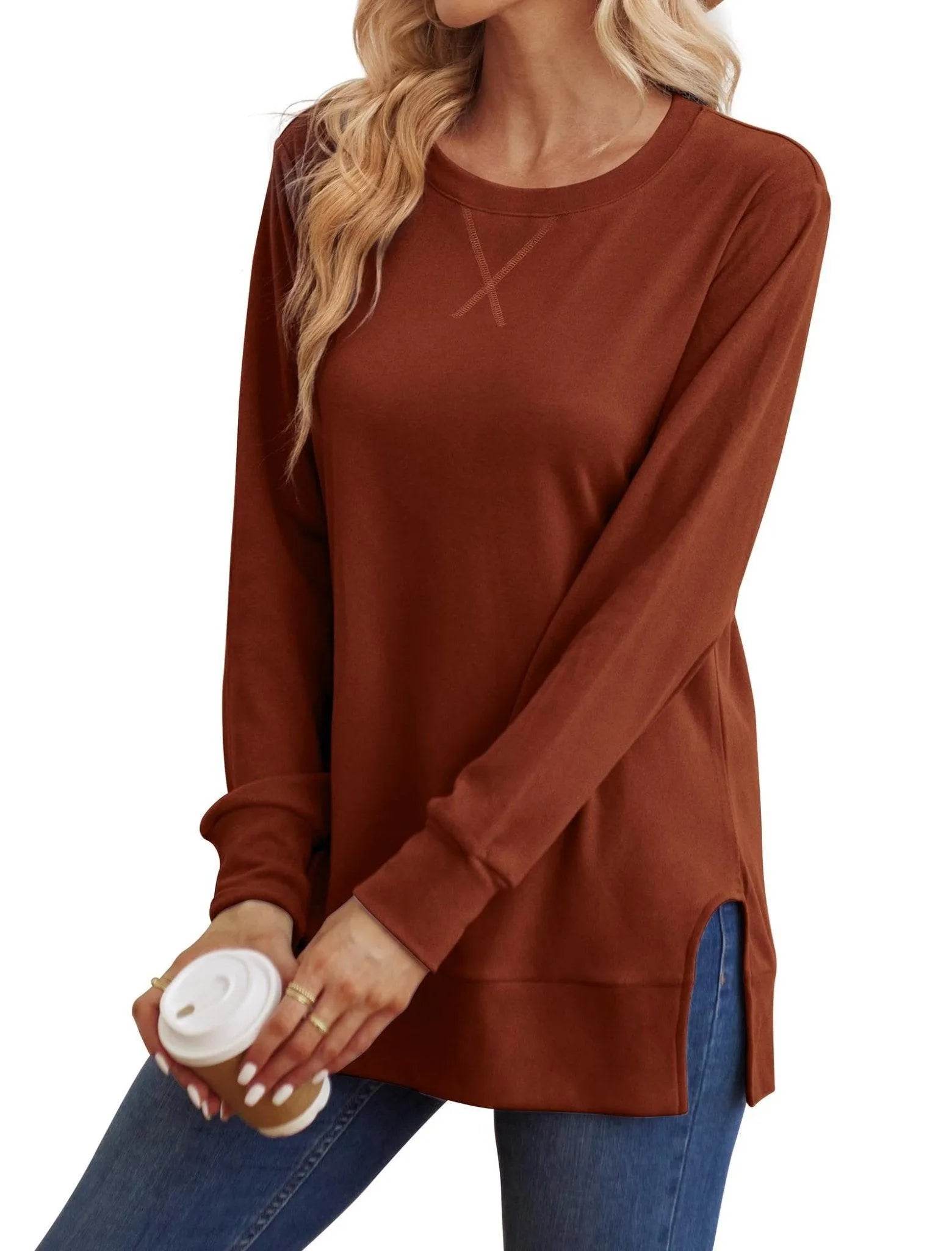 Saloogoe Fall Clothes for Women 2023 Casual Sweatshirt Long Sleeve T Shirts Trendy Caramel M - Bona Fide Fashion