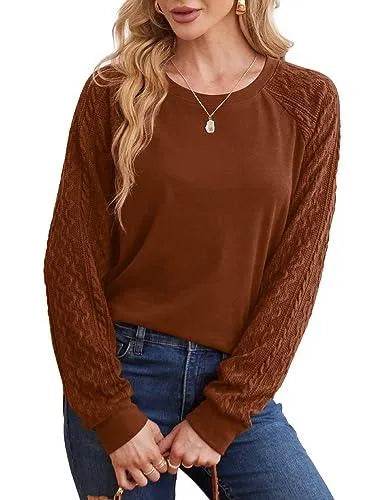 Saloogoe Womens Fashion 2023 Fall Sweaters Long Sleeve T Shirts for Women Trendy Caramel XL - Bona Fide Fashion