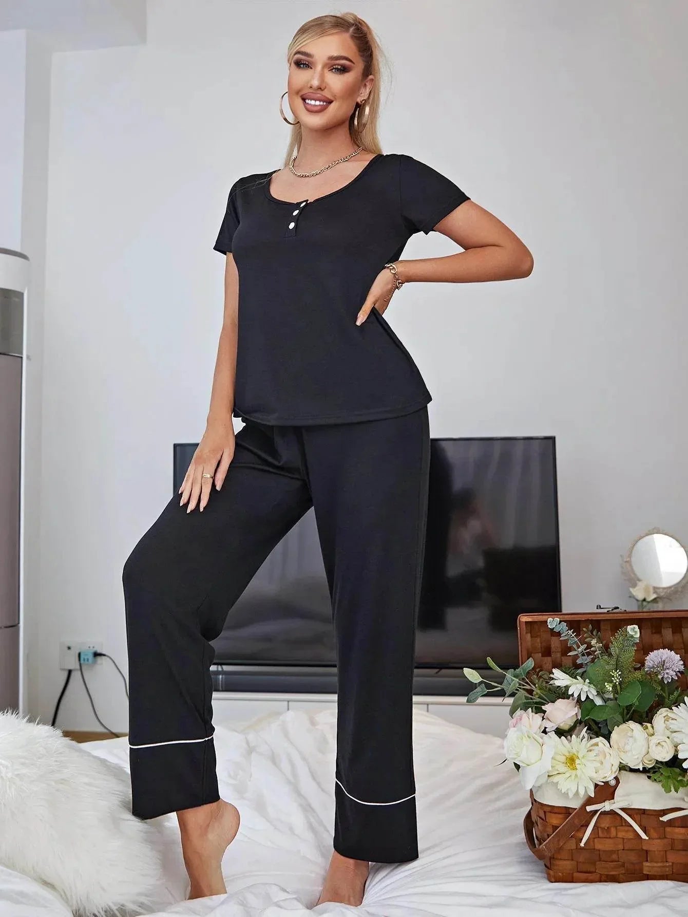 Scoop Neck and Elastic Waist Pants Lounge Set - Bona Fide Fashion
