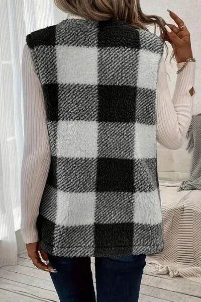 Sherpa Plaid Open Front Vest Coat - Bona Fide Fashion