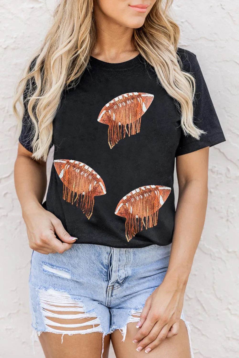 Sequin Football Round Neck Short Sleeve T-Shirt – Game Day Sparkle Tee for Women - Bona Fide Fashion