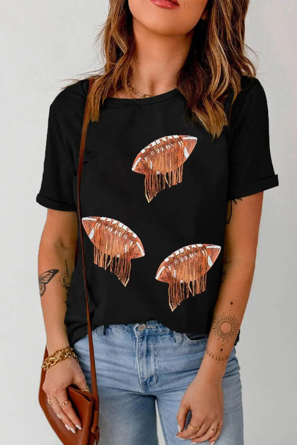 Sequin Football Round Neck Short Sleeve T-Shirt – Game Day Sparkle Tee for Women - Bona Fide Fashion
