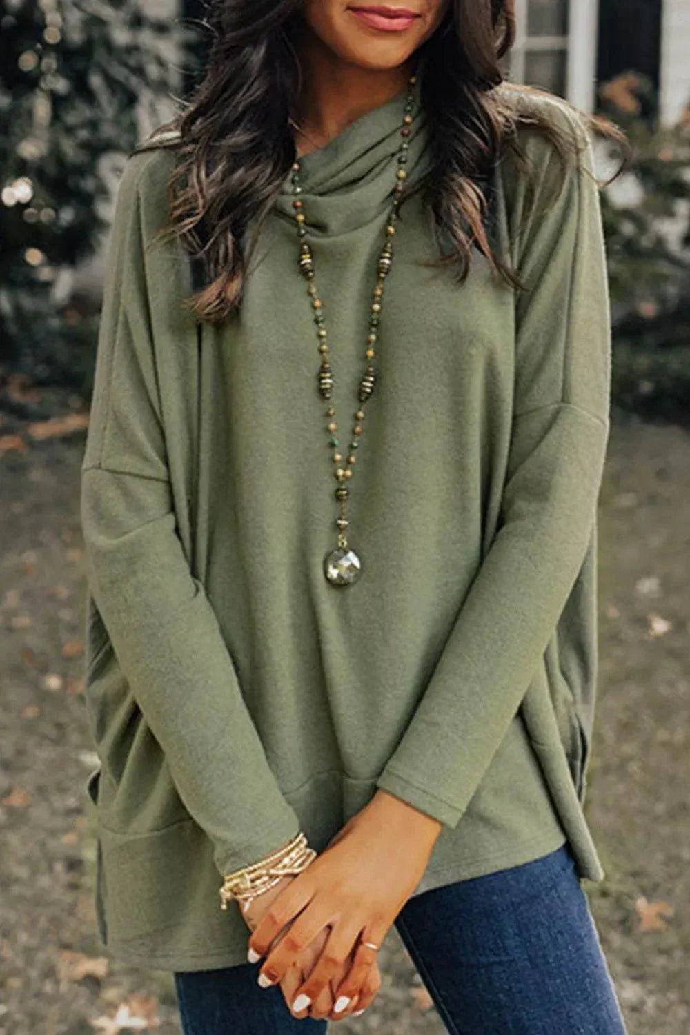 Side Slit High-Low Cowl Neck Long Sleeve Blouse - Bona Fide Fashion