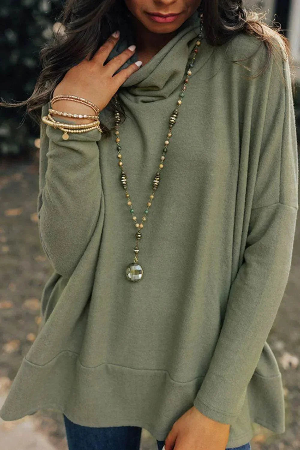 Side Slit High-Low Cowl Neck Long Sleeve Blouse - Bona Fide Fashion