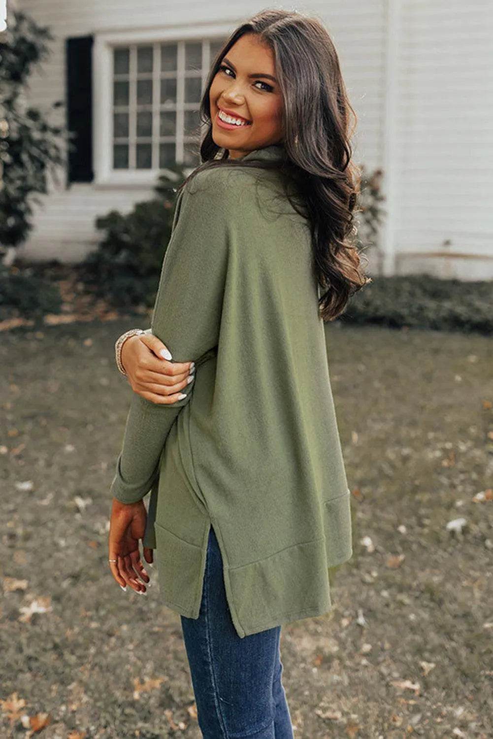 Side Slit High-Low Cowl Neck Long Sleeve Blouse - Bona Fide Fashion