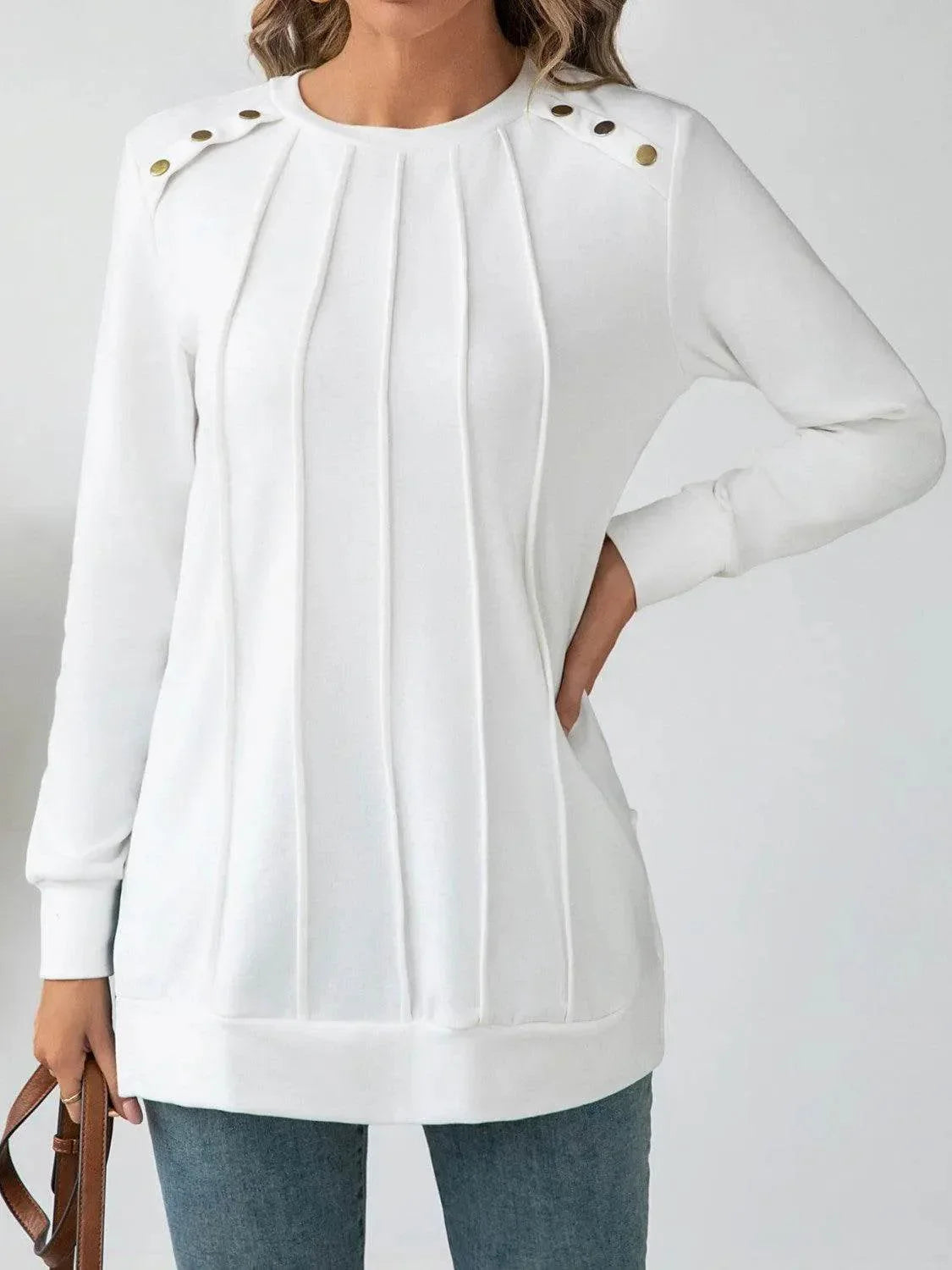 Side Slit Round Neck Long Sleeve Blouse - Bona Fide Fashion