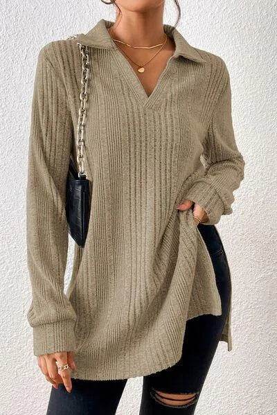 Slit Johnny Collar Long Sleeve Sweater - Bona Fide Fashion