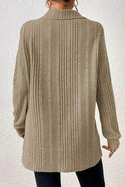Slit Johnny Collar Long Sleeve Sweater - Bona Fide Fashion