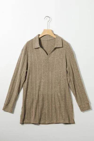 Slit Johnny Collar Long Sleeve Sweater - Bona Fide Fashion