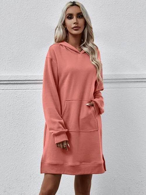 Slit Long Sleeve Hooded Dress with Pocket - Bona Fide Fashion