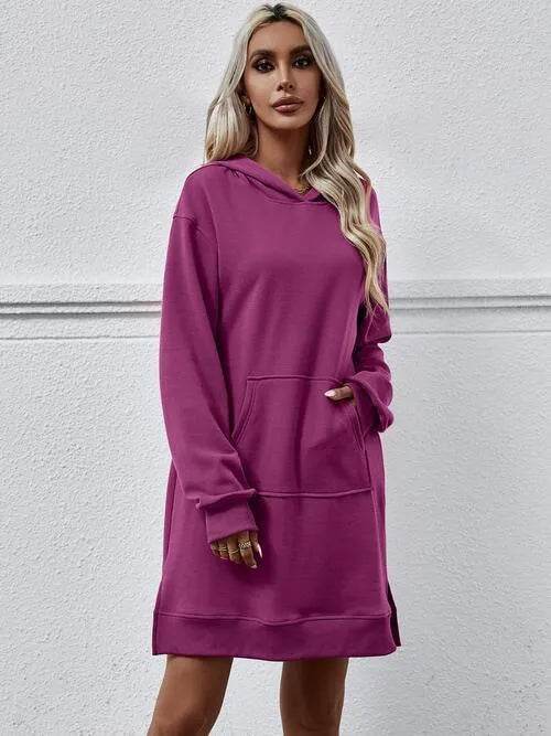 Slit Long Sleeve Hooded Dress with Pocket - Bona Fide Fashion