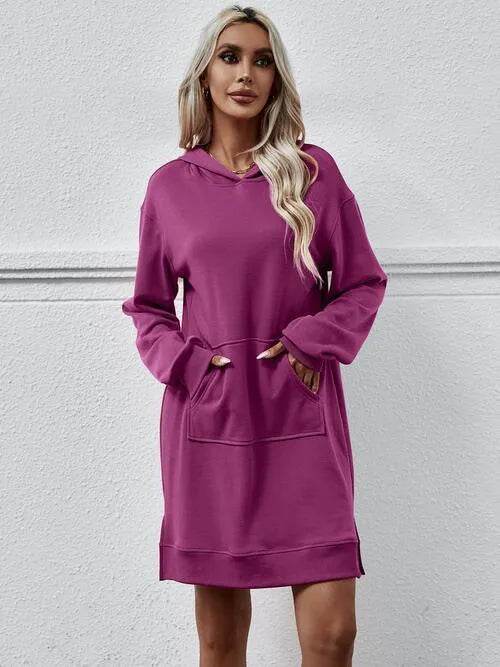 Slit Long Sleeve Hooded Dress with Pocket - Bona Fide Fashion