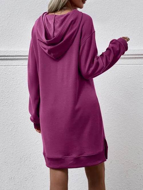 Slit Long Sleeve Hooded Dress with Pocket - Bona Fide Fashion