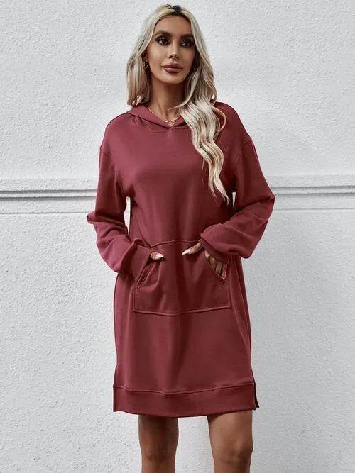 Slit Long Sleeve Hooded Dress with Pocket - Bona Fide Fashion