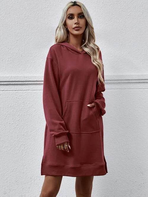 Slit Long Sleeve Hooded Dress with Pocket - Bona Fide Fashion