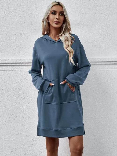 Slit Long Sleeve Hooded Dress with Pocket - Bona Fide Fashion