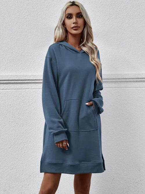 Slit Long Sleeve Hooded Dress with Pocket - Bona Fide Fashion