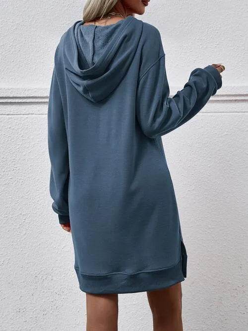 Slit Long Sleeve Hooded Dress with Pocket - Bona Fide Fashion