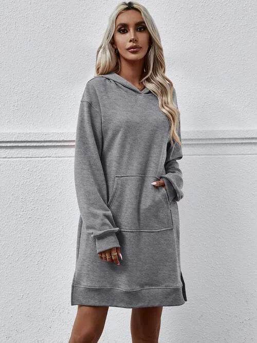 Slit Long Sleeve Hooded Dress with Pocket - Bona Fide Fashion